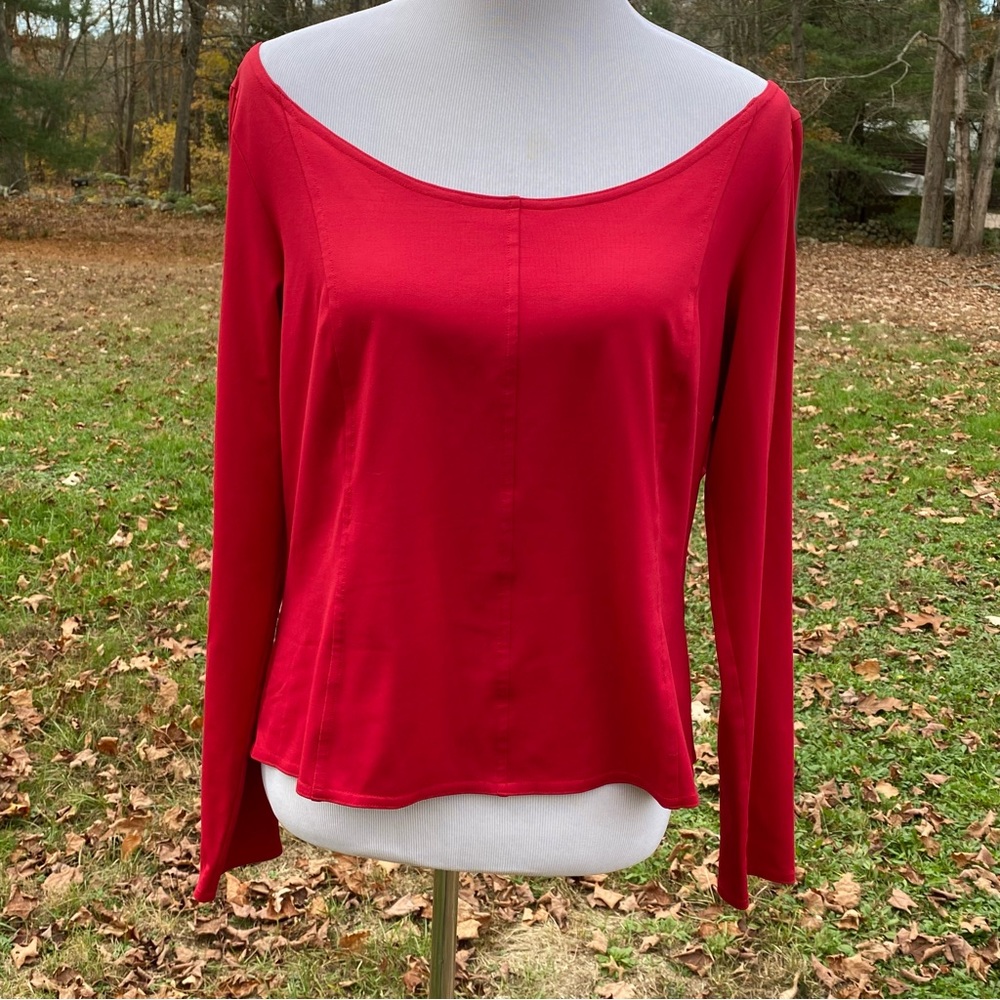 WORTH TOP TEE RED STRETCH BOAT NECK ON OFF SHOULDER LONG SLEEVE SIZE L
